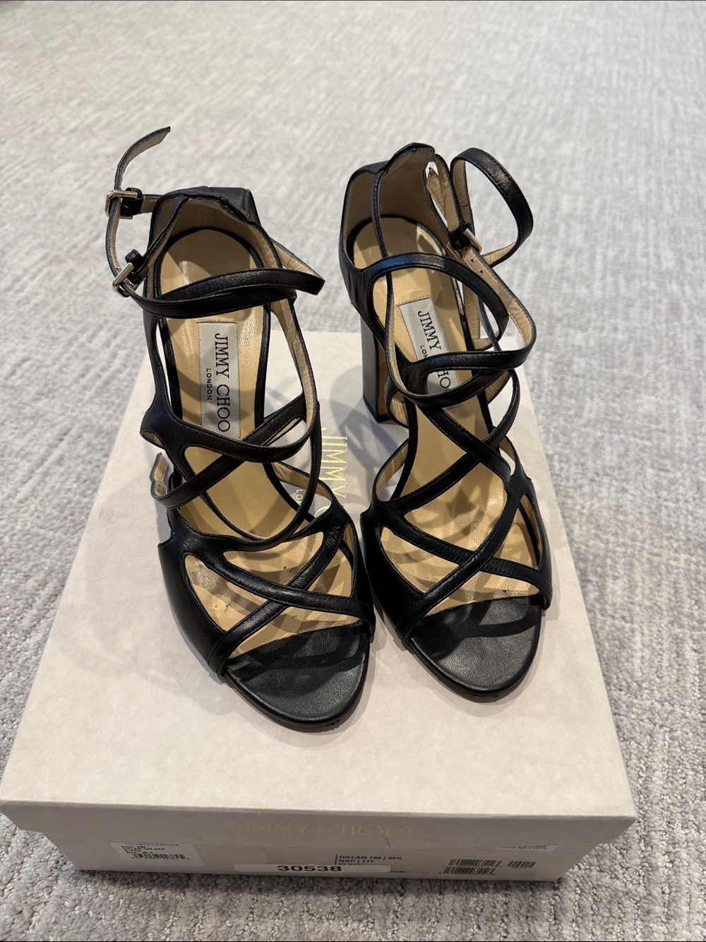 Jimmy Choo Black Strappy Leather Block Heels